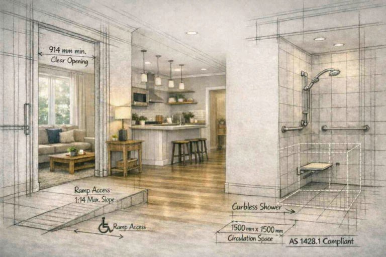 Accessible home interior with ramp, flush threshold shower, and AS 1428.1 compliance