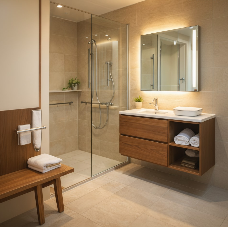 Upgraded bathroom with modern fixtures, improved lighting, and enhanced accessibility features.