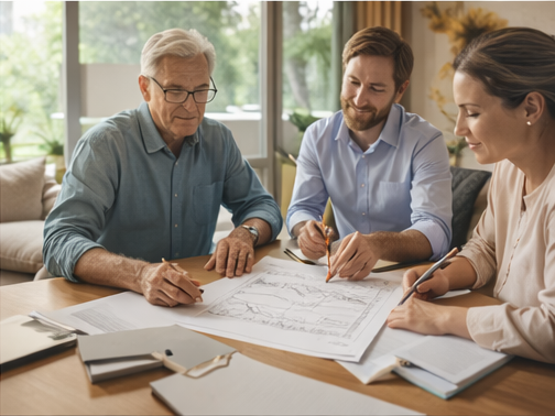 Architect and healthcare professionals collaborating at a table to plan client care and home design solutions.