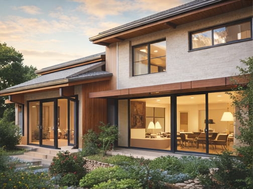 ESD home viewed from a green garden with a footpath leading to the house.