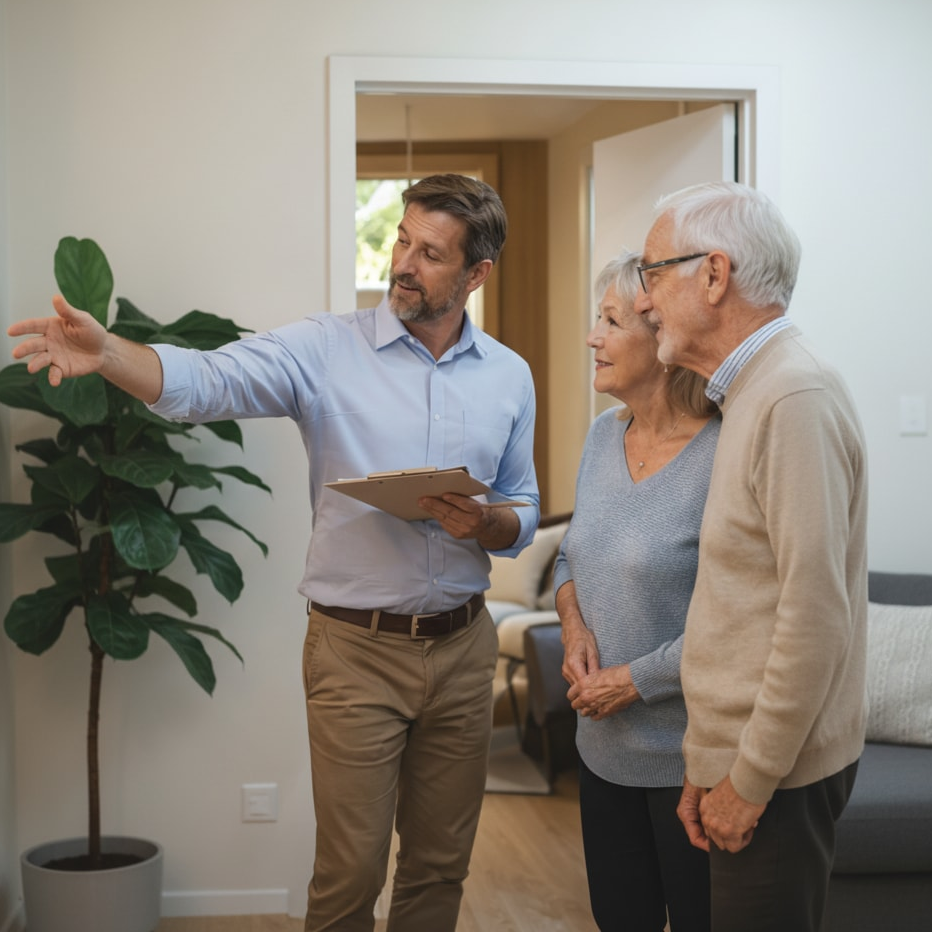 Consultant conducting an in‑home accessibility audit and assessing safety improvements.