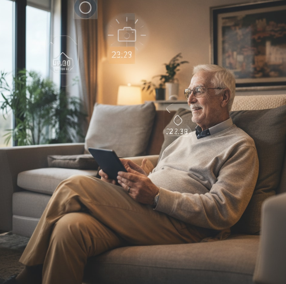 Elderly person sitting on a sofa using an iPad to control smart home features.