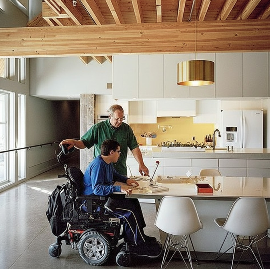 Wheelchair user and senior interacting in an accessible modern kitchen